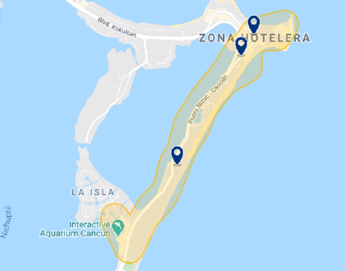 Map of best hotels in the Hotel Zone in Cancun