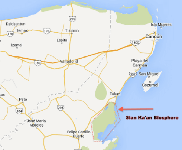 Map of Sian Ka'an reserve in Tulum