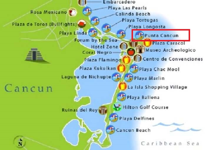 Map of Punta Cancun Beach in Cancun