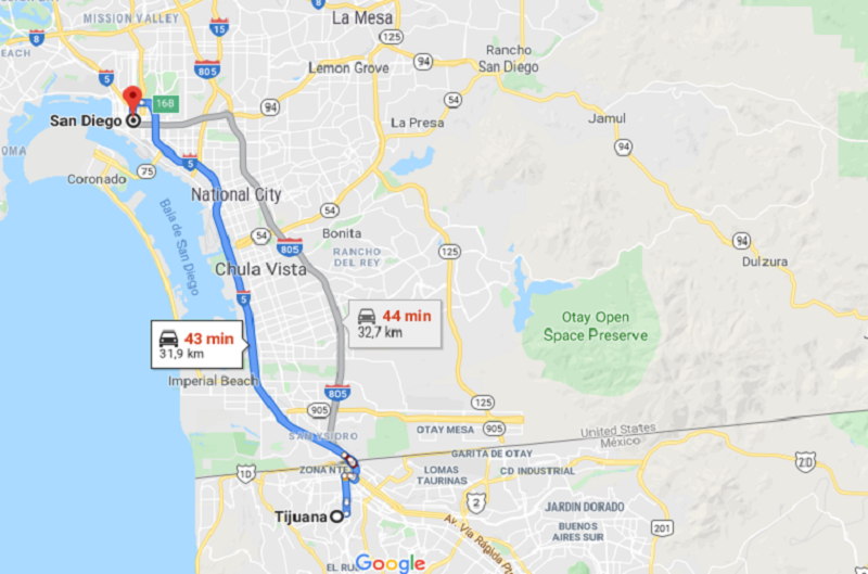 Tijuana to San Diego driving map