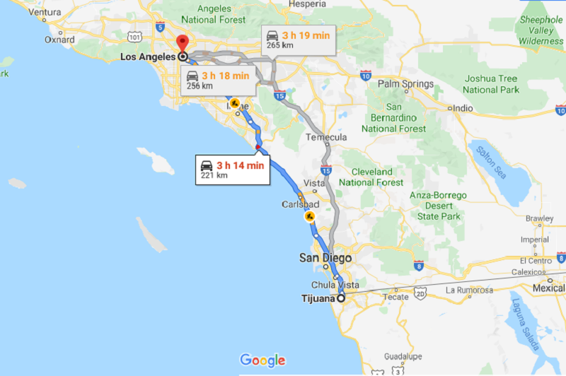 Tijuana to Los Angeles driving map